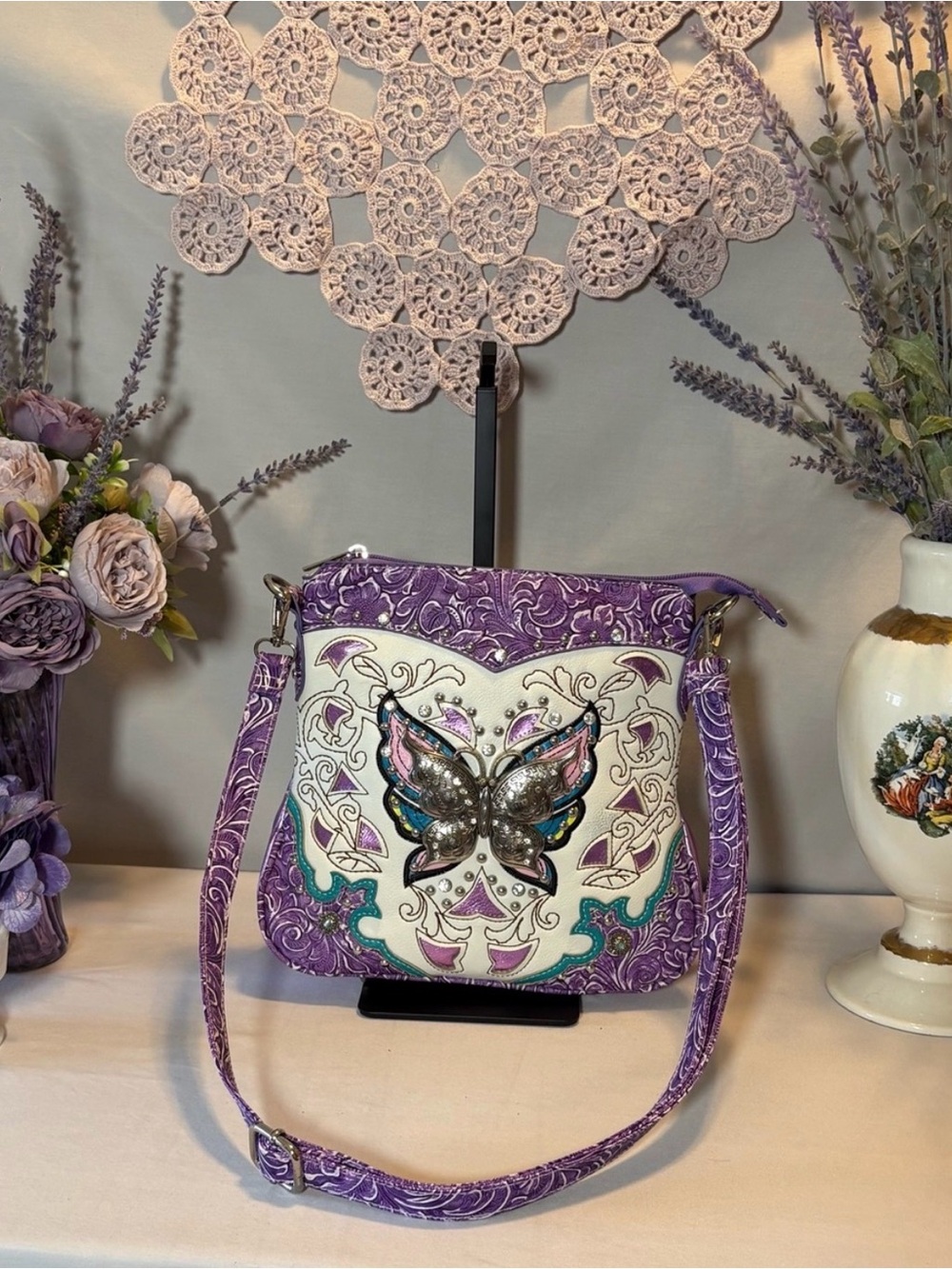 Cowgirl Trendy Purple Butterfly Crossbody Bag